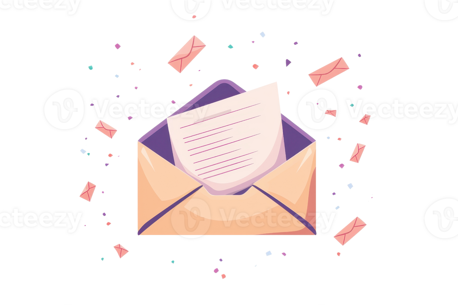 Illustration of an open envelope with a paper inside, surrounded by scattered petals and sparkles, symbolizing communication and celebration. png
