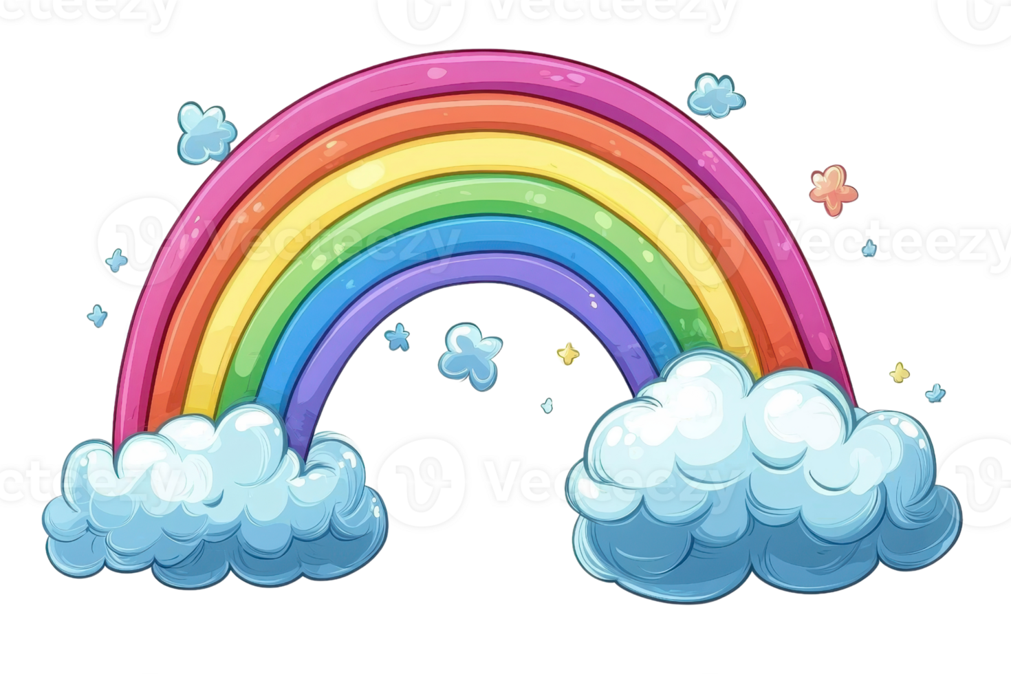 Colorful cartoon rainbow arching over fluffy clouds with small whimsical stars and hearts. Perfect for cheerful design projects. png