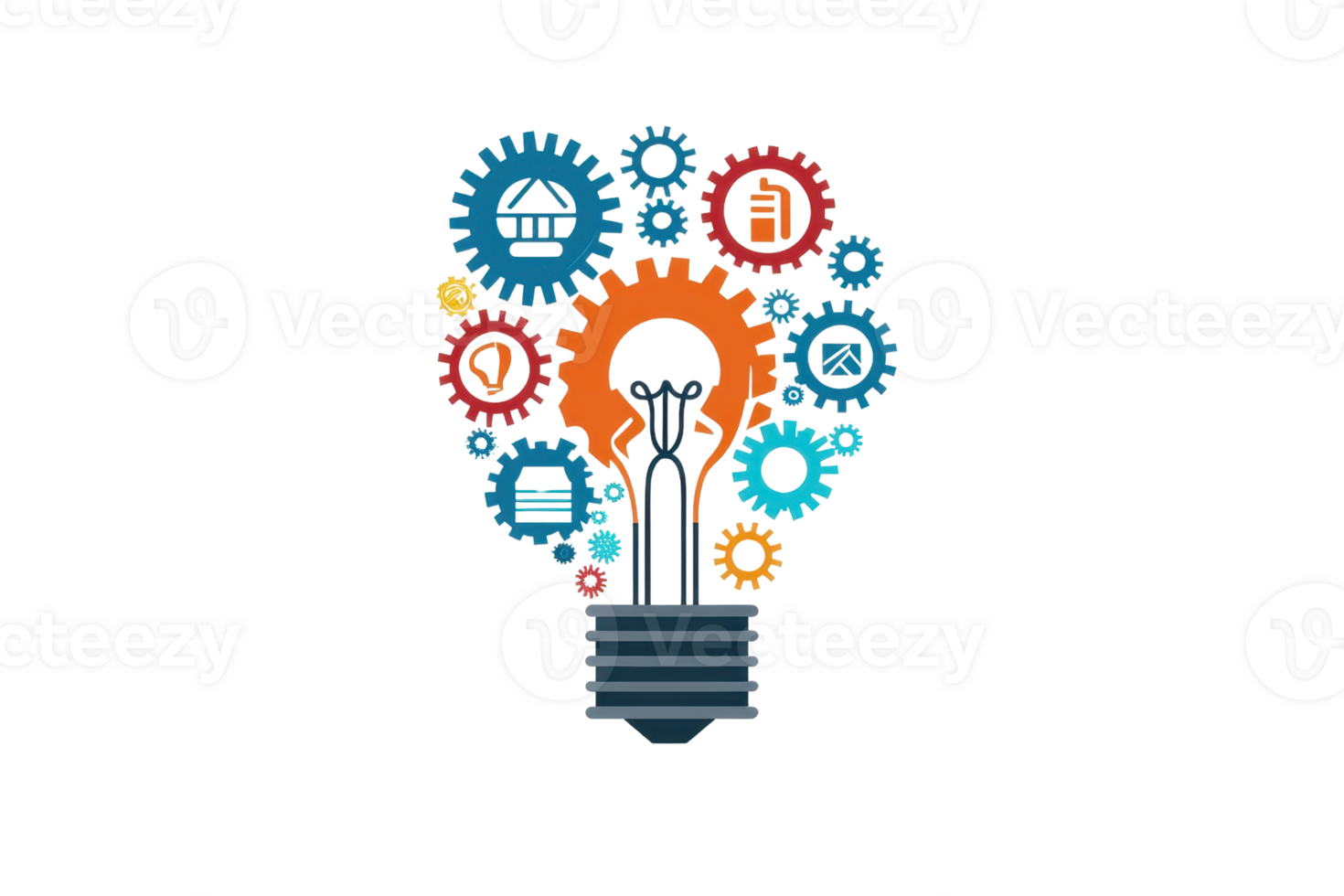 Illustration combining a lightbulb and gears symbolizing creativity, innovation, and collaboration. Perfect for design and teamwork concepts. png
