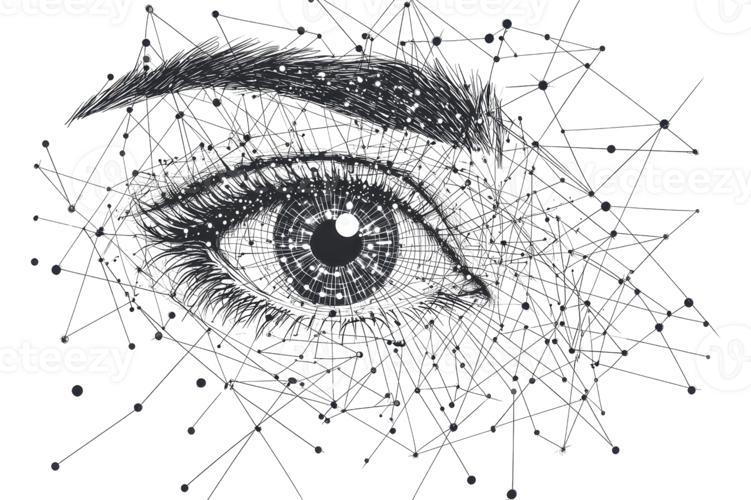 Abstract digital art of a pixelated eye with a geometric network, symbolizing technology and human connection. Perfect for tech-themed projects. png