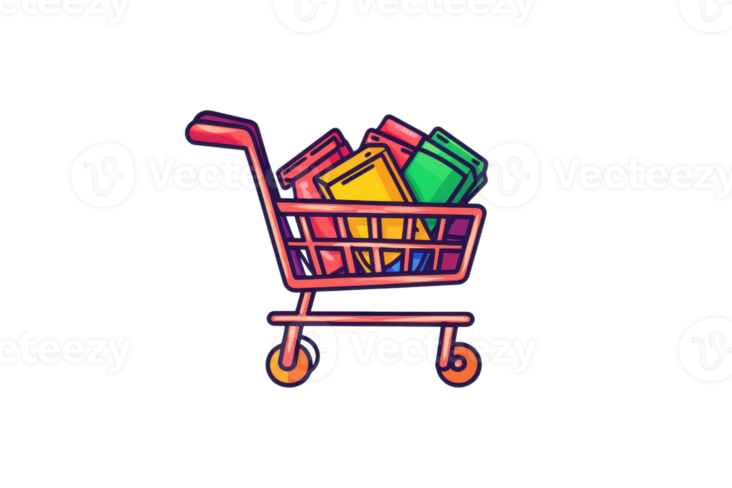 Illustration of a colorful shopping cart filled with various items, symbolizing retail, commerce, and consumerism in a vibrant style. png