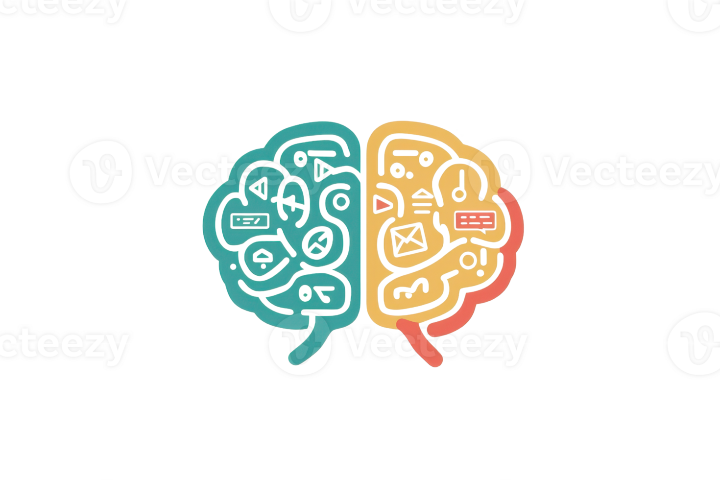 Illustration of a split brain showcasing left and right hemispheres highlighting logic and creativity. Ideal for education, psychology, and neuroscience topics. png