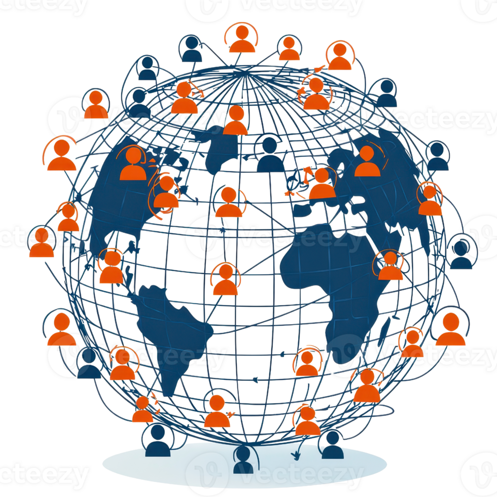 Global network of interconnected people digital world communication concept with abstract globe and human icons. png
