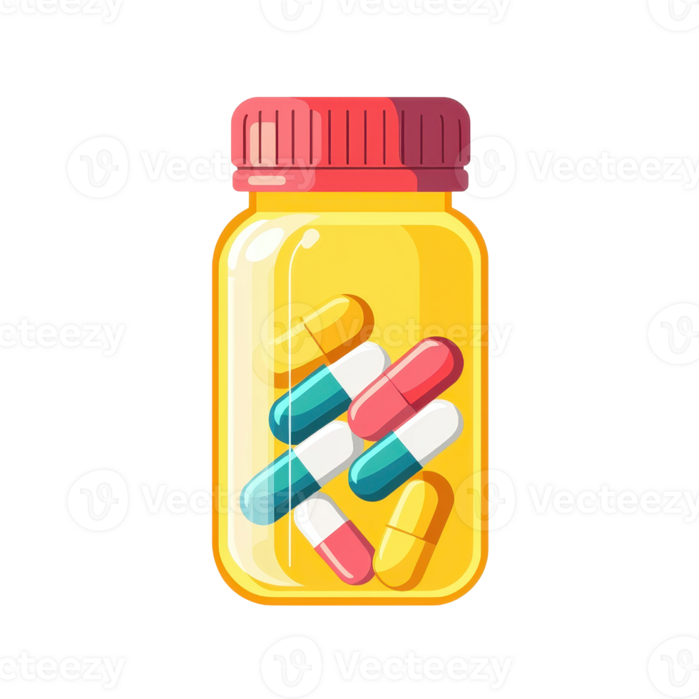 Illustration of a jar filled with colorful capsules, representing medication or supplements. Ideal for healthcare and pharmacy themed projects. png
