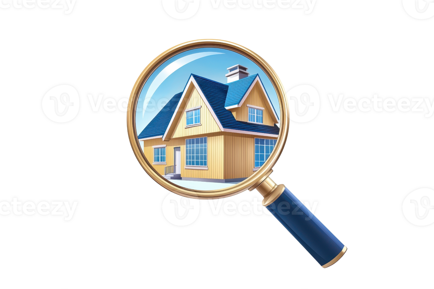 Illustration of a house under a magnifying glass, symbolizing real estate inspection and property search. Perfect for business concepts. png