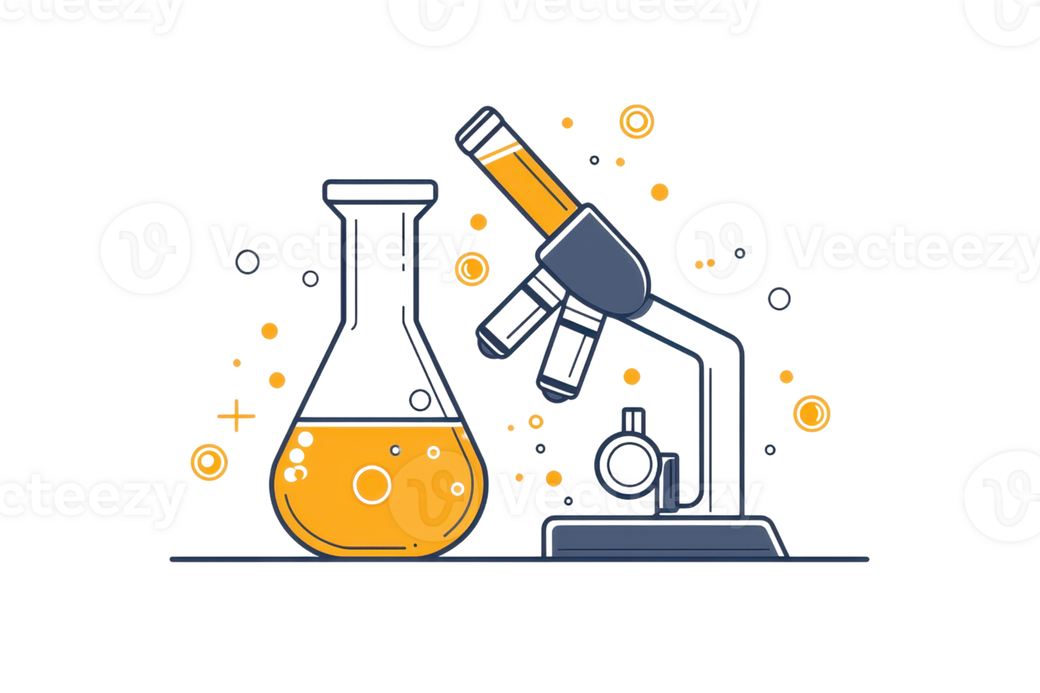 Illustration of a microscope and a beaker with orange liquid, representing scientific research and experiments in a lab setting. png