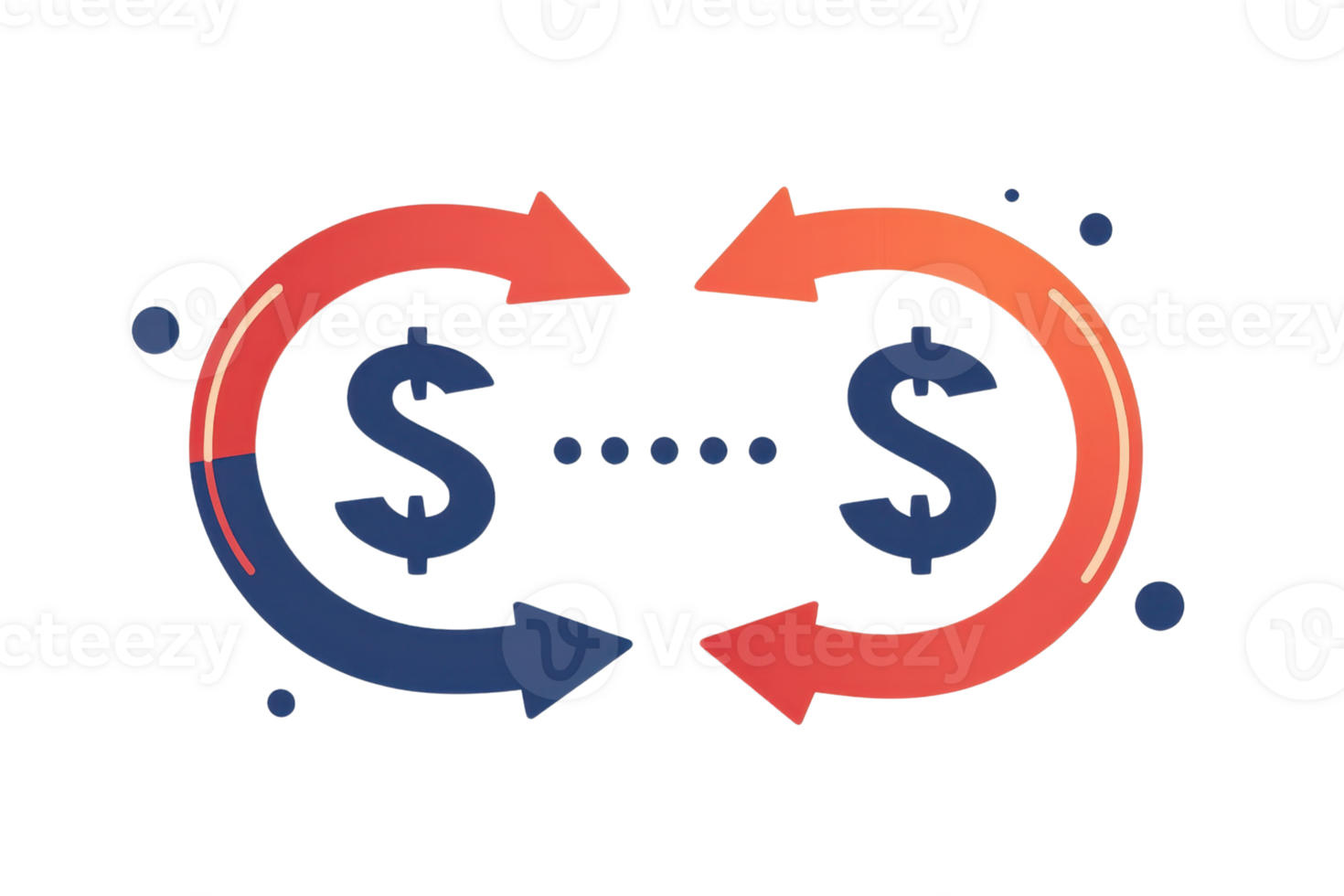 Illustration of currency exchange with arrows and dollar symbols, representing financial transaction, exchange, or transfer process. png