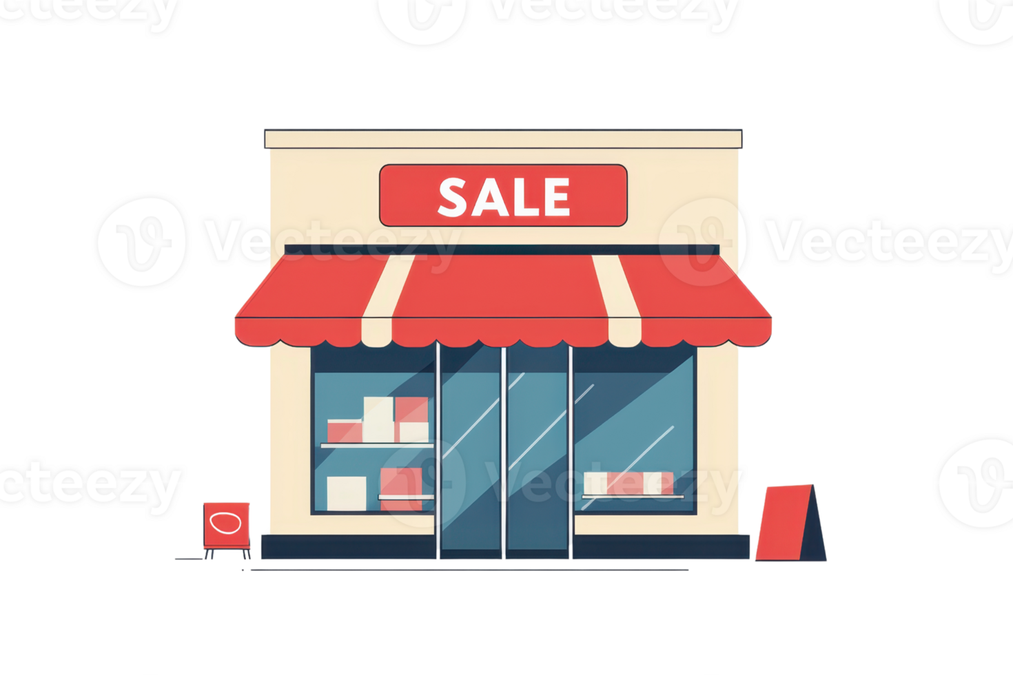Illustration of a retail store with a sale sign, showcasing shopping bags and storefront design for advertising and marketing purposes. png