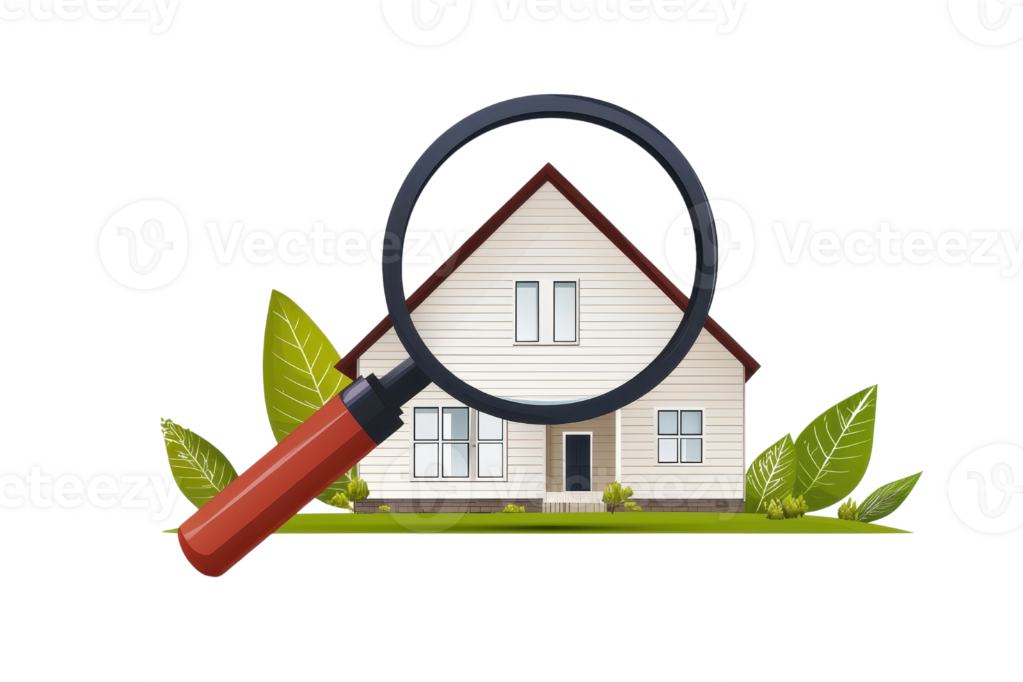 Illustration of a magnifying glass over a house, symbolizing real estate search or property inspection with greenery around. png