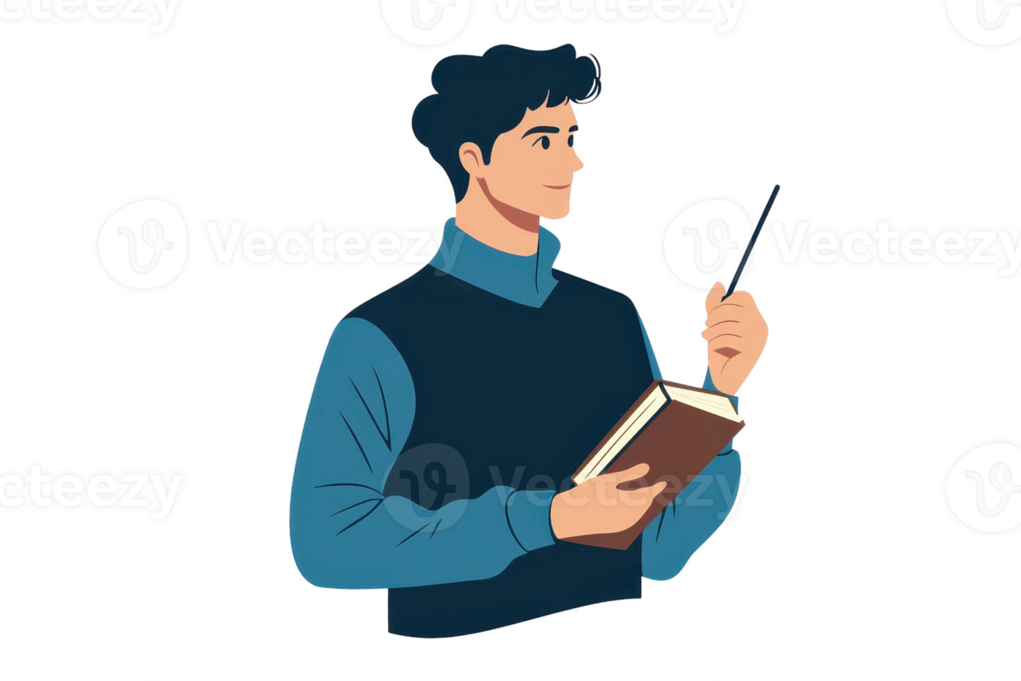 Illustration of a thoughtful man holding a book and pen, symbolizing creativity and learning against a plain background. png
