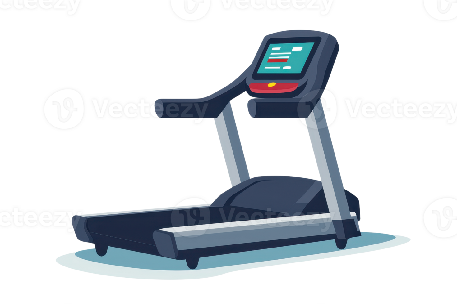 Illustration of a modern treadmill for home or gym, featuring a digital display and sleek design, ideal for fitness and exercise themes. png