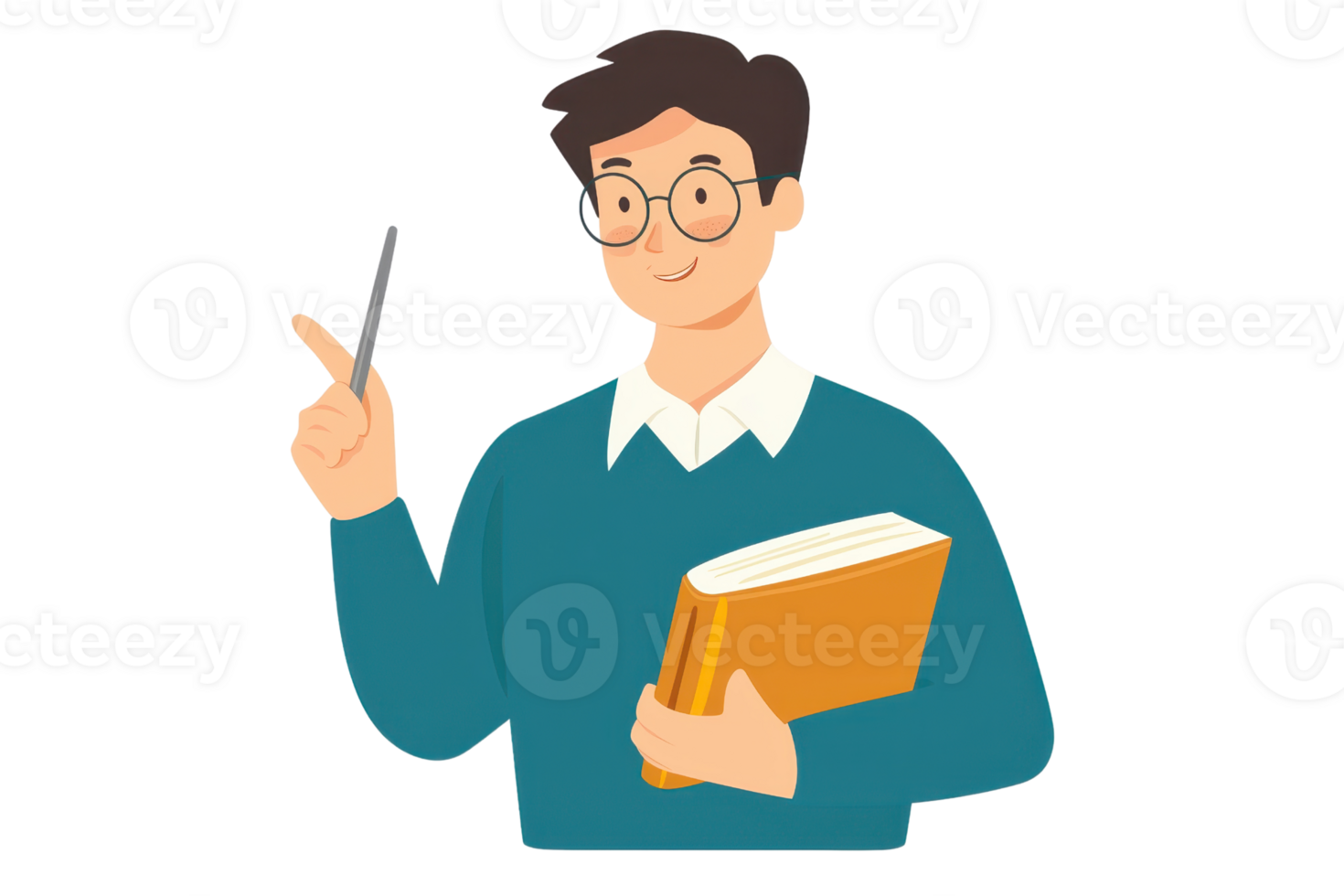 Illustration of a cheerful young man holding a book and a pen, symbolizing knowledge and creativity in a learning environment. png