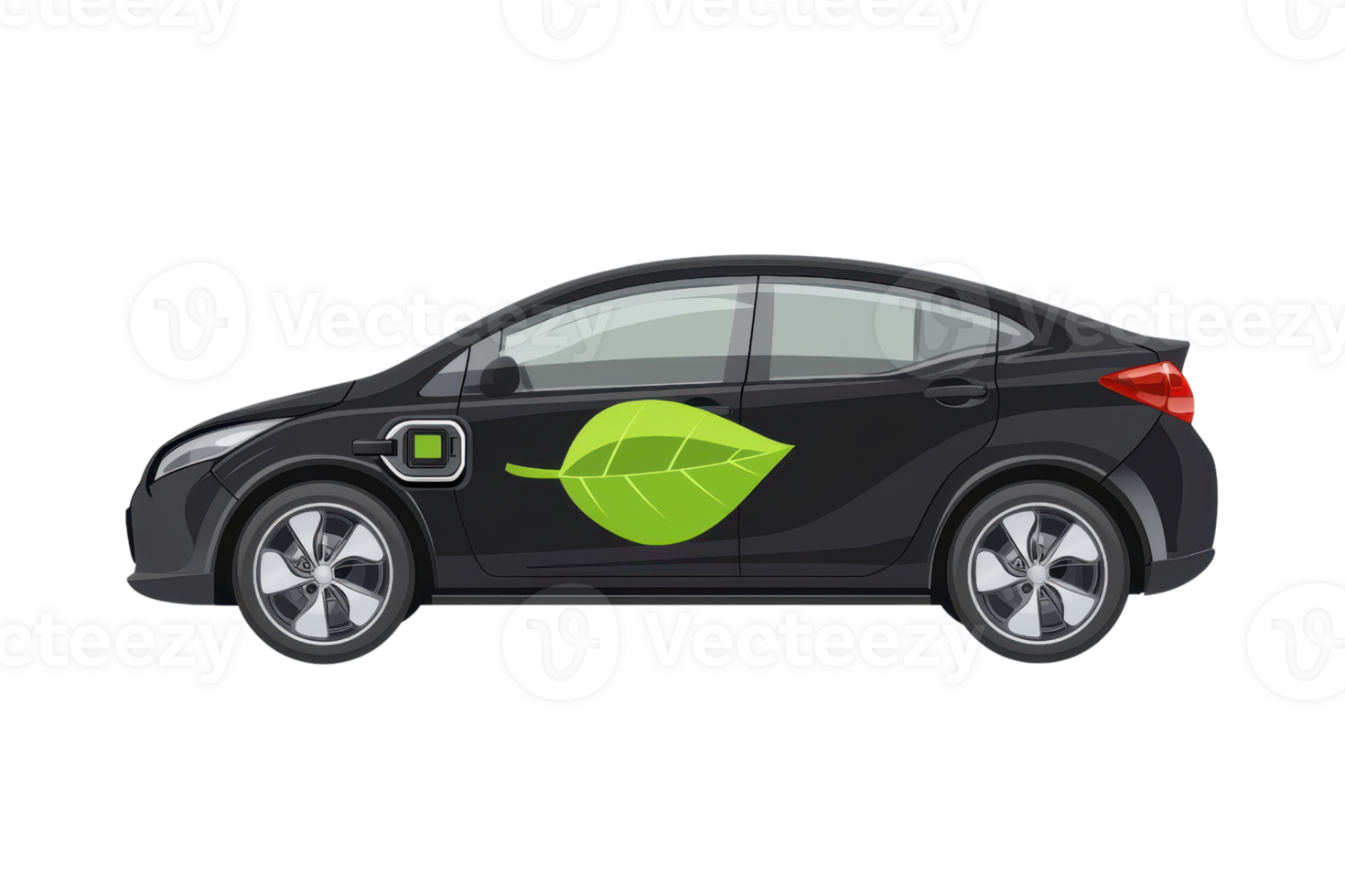 Illustration of a black electric car with a green leaf symbol, representing eco-friendly transportation and sustainable technology. png