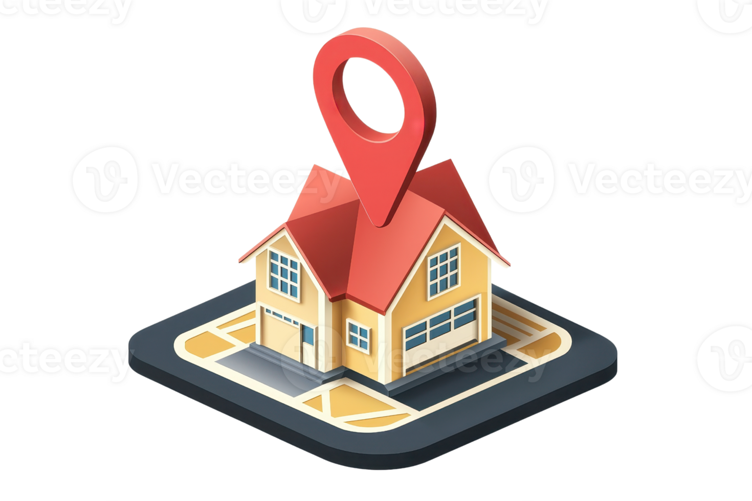 Illustration of a house with a map pin icon representing real estate, location, and home search concepts. png