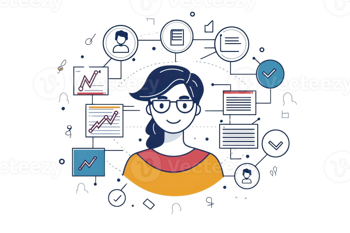 Illustration of a person surrounded by data analytics icons, representing technology and information management in a digital world. png