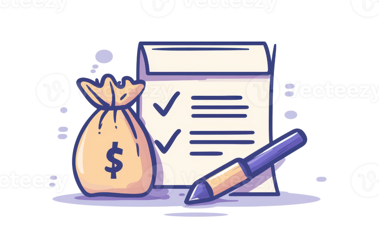 Illustration depicting a money bag, checklist, and pen, symbolizing financial planning and investment strategies in business management. png