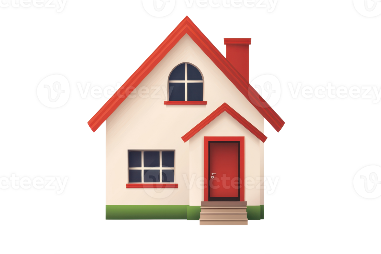 Illustration of a charming small house with a red roof and chimney, showing a welcoming front door and windows. Ideal for real estate concepts. png
