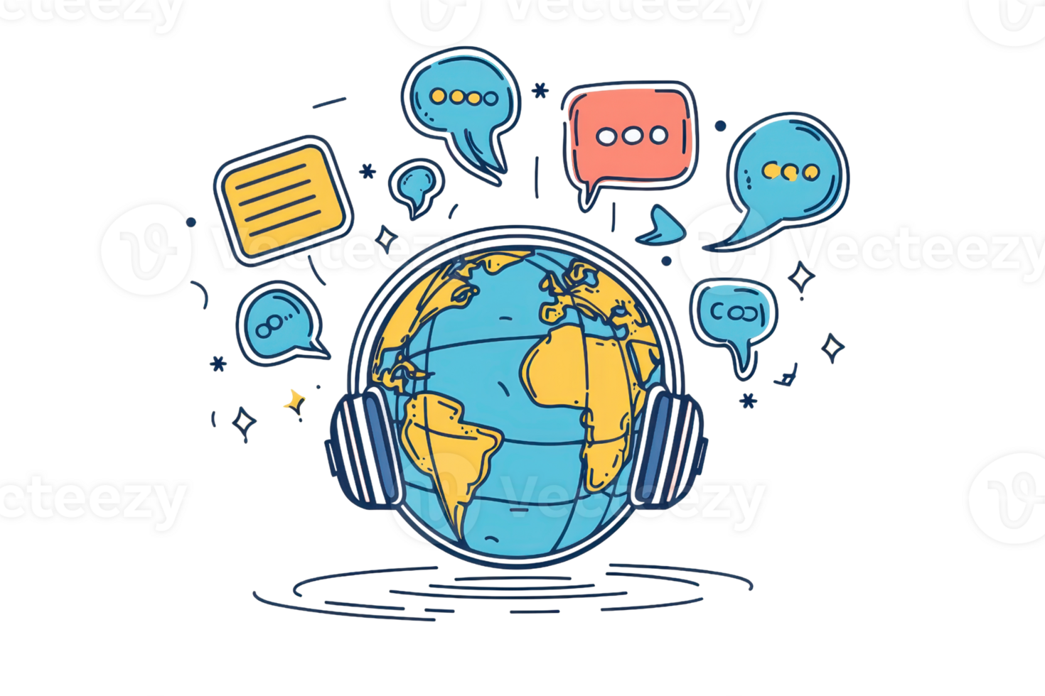 Illustration of a globe with headphones surrounded by speech bubbles, symbolizing global communication and connectivity. png