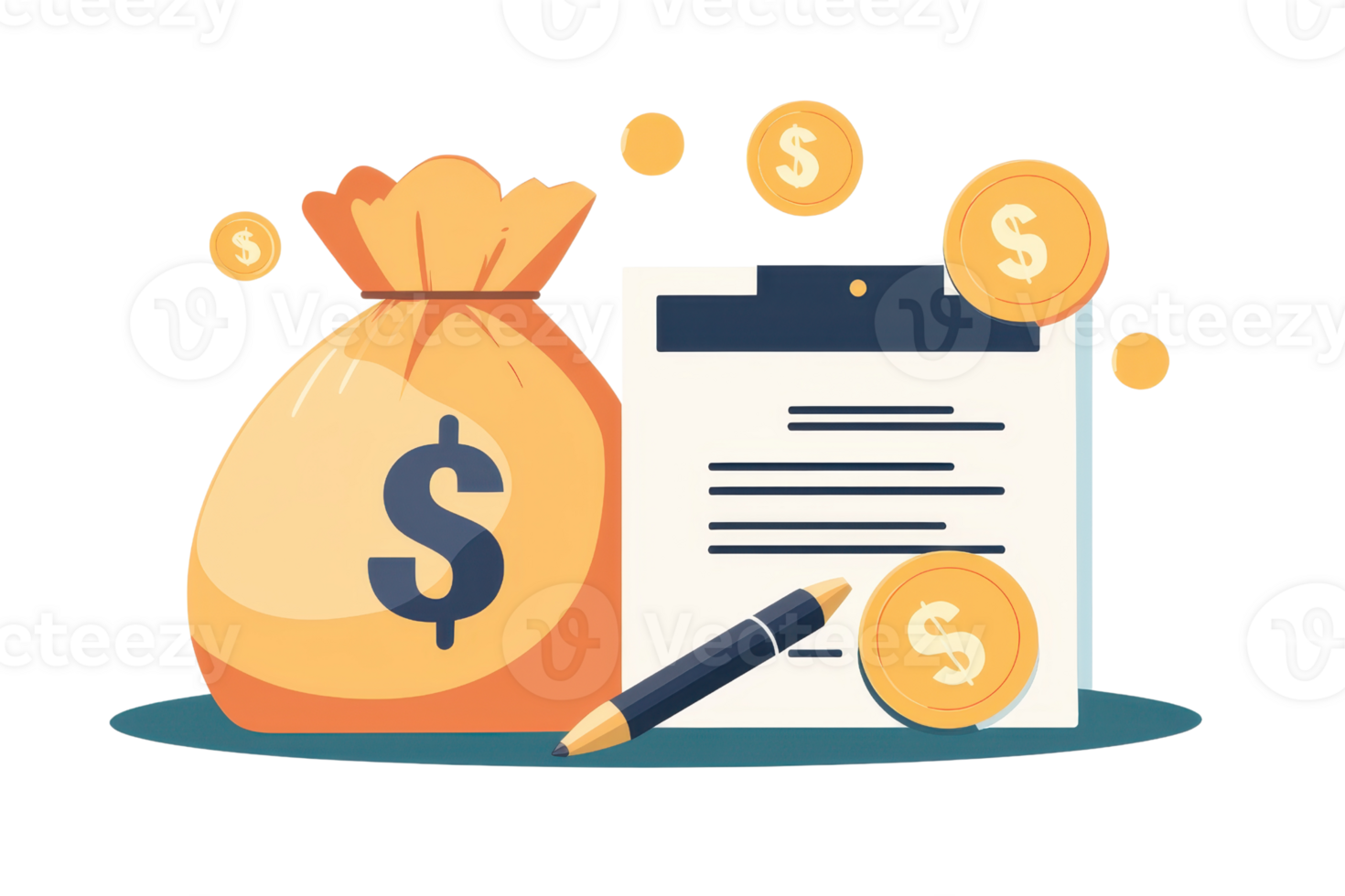 Illustration of financial growth with a money bag, dollar coins, pen, and clipboard, symbolizing business investment and savings. png