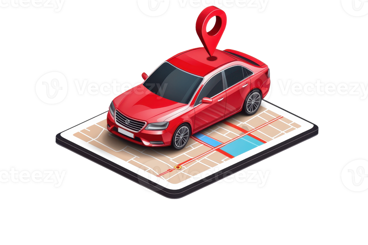 Illustration of a red car on a digital map, representing navigation, GPS, and online location tracking services. png