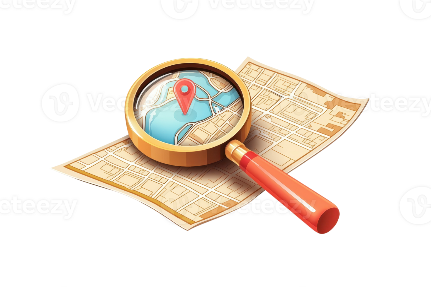 Illustration of a magnifying glass over a map with a red location pin, depicting exploration, navigation, and travel planning concepts. png