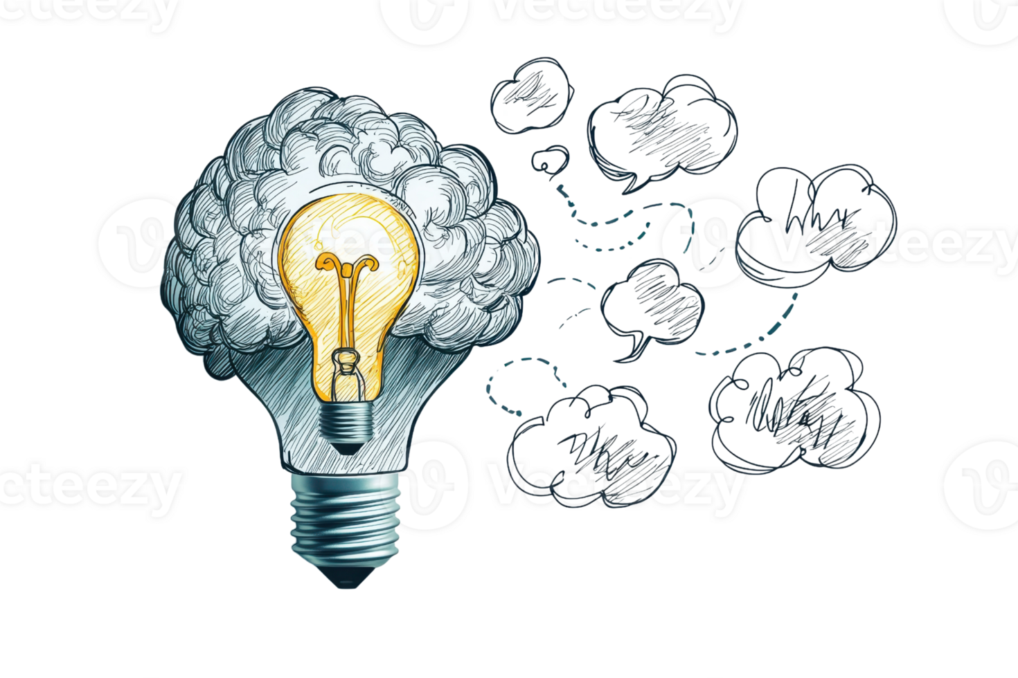 Illustration of a brain combined with a lightbulb, symbolizing creativity, innovation, and idea generation against a transparent background. png