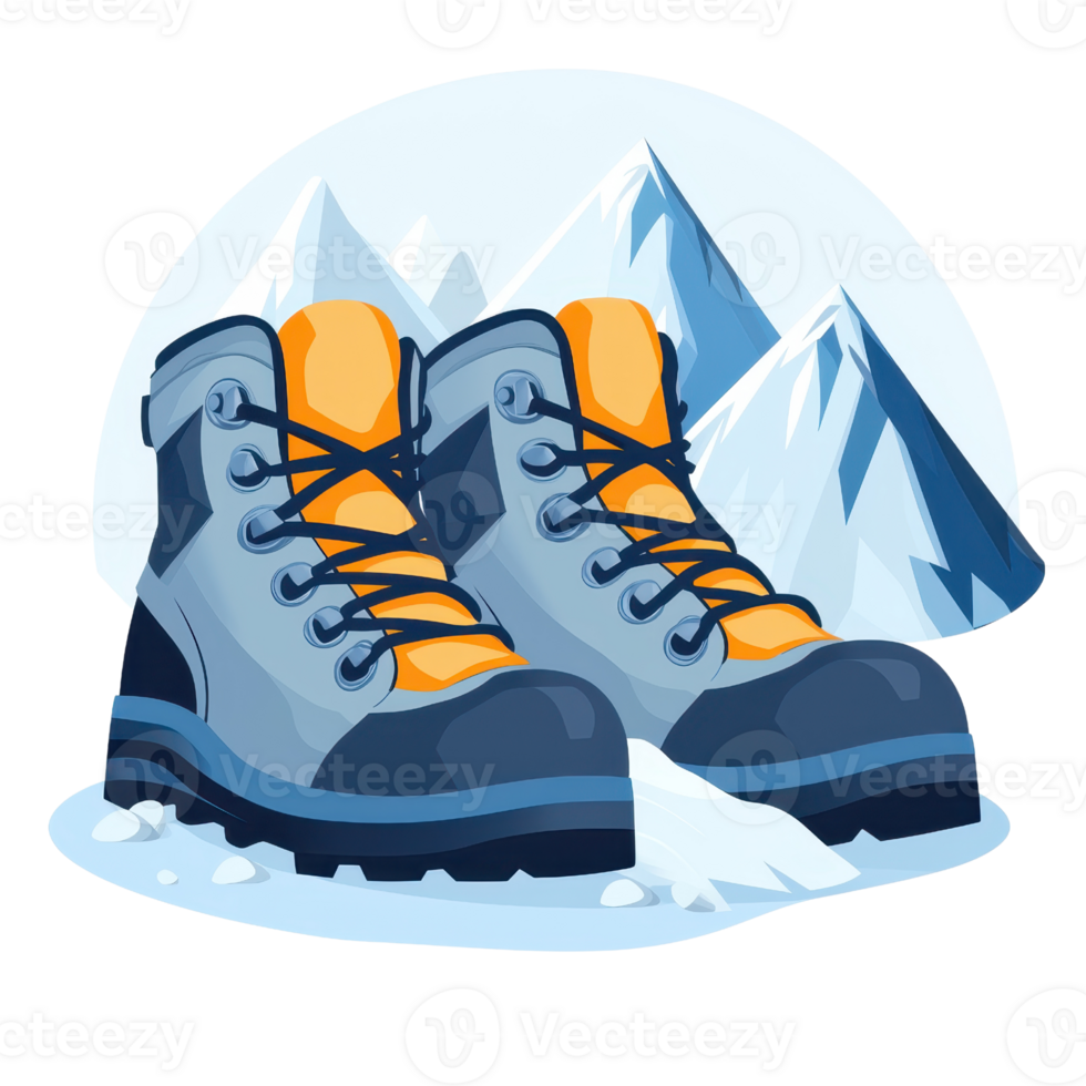 Illustration of a pair of hiking boots on a snowy mountain background, showcasing outdoor adventure and exploration in winter conditions. png
