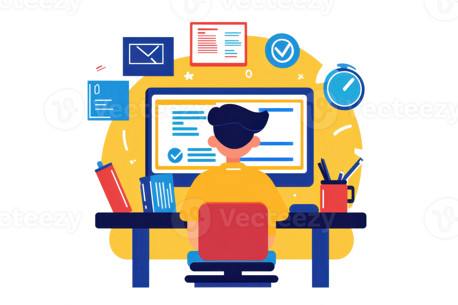 Illustration of a person working at a computer desk surrounded by digital tools and icons, symbolizing productivity and technology integration. png