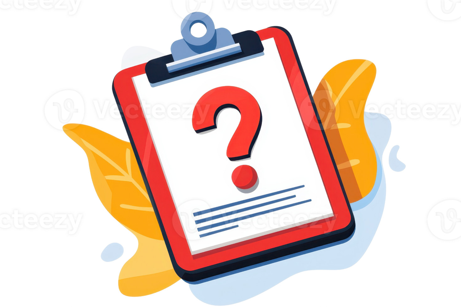 Illustration of a clipboard with a red border and a question mark, surrounded by abstract leaves, symbolizing inquiry and uncertainty. png