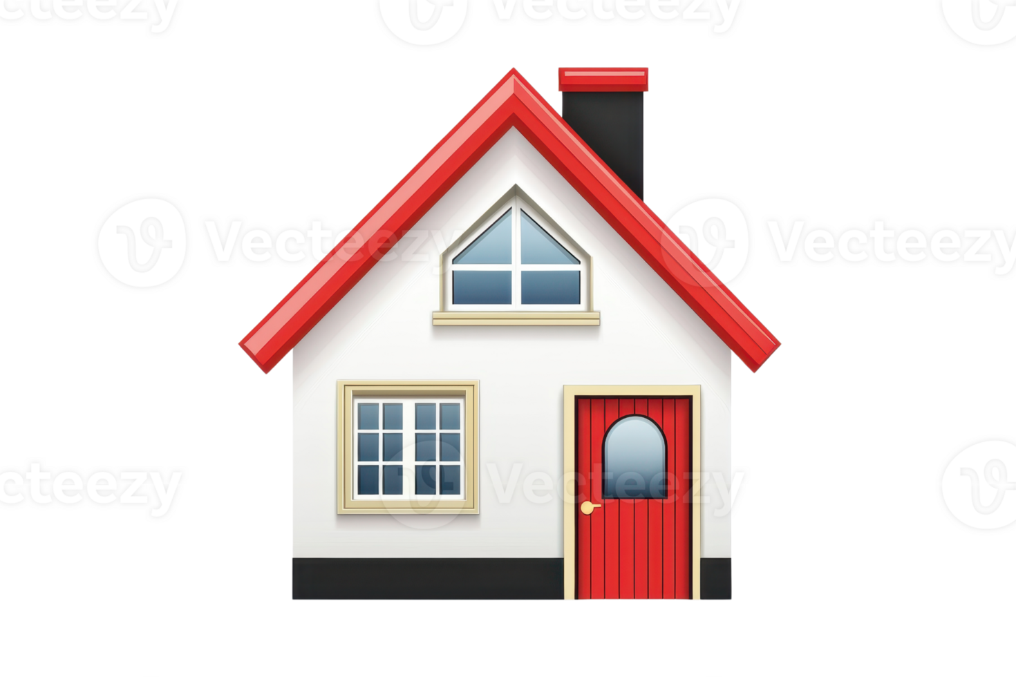 Illustration of a small white house with a red roof and door, featuring a chimney and windows, symbolizing home and family life. png