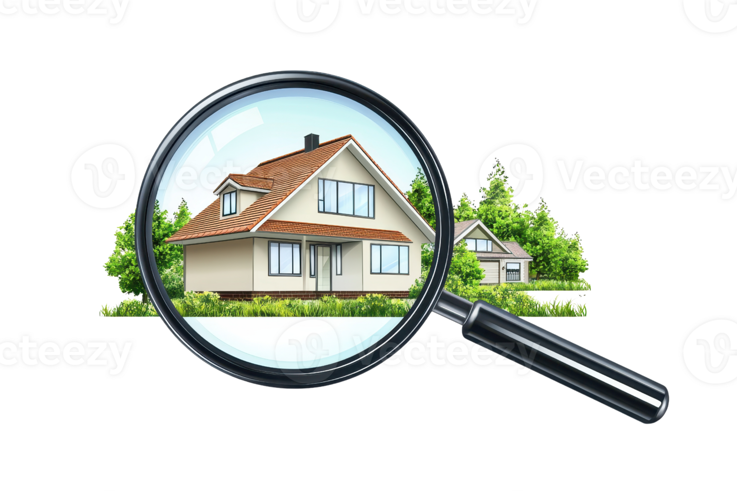 Illustration of a magnifying glass focusing on a house, representing real estate inspection and property evaluation concepts. png