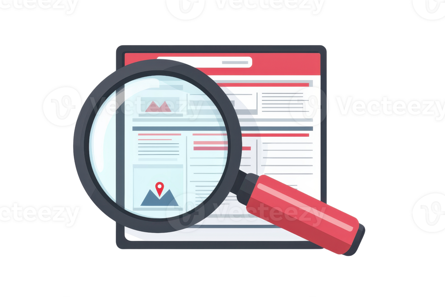 Illustration of a magnifying glass zooming in on a webpage, emphasizing detail and focus in web content or digital marketing analysis. png