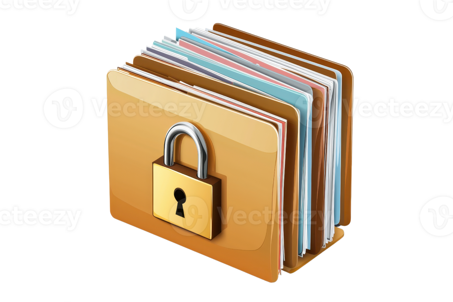 Illustration of a locked folder with multicolored documents, symbolizing secure information and data protection in digital form. png