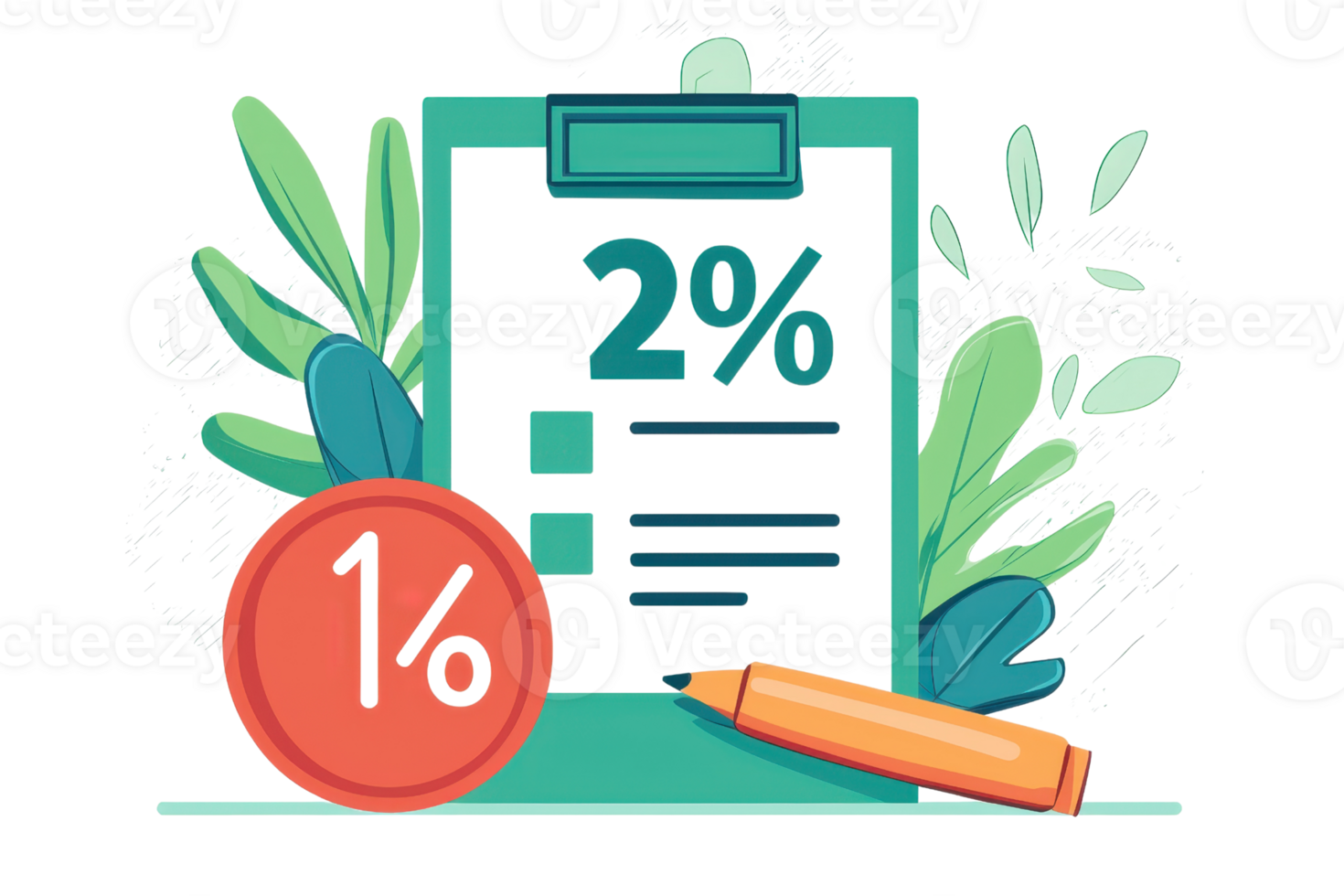 Illustration of clipboard with interest rate percentage surrounded by plants, featuring coins and pencil for financial concept. png