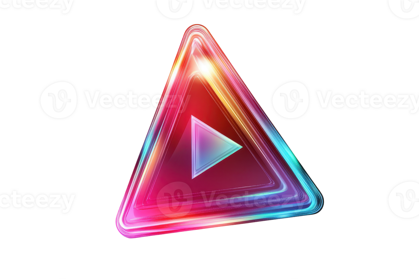 Vibrant neon triangle with glowing play button, symbolizing modern digital media and technology, on a transparent background. png