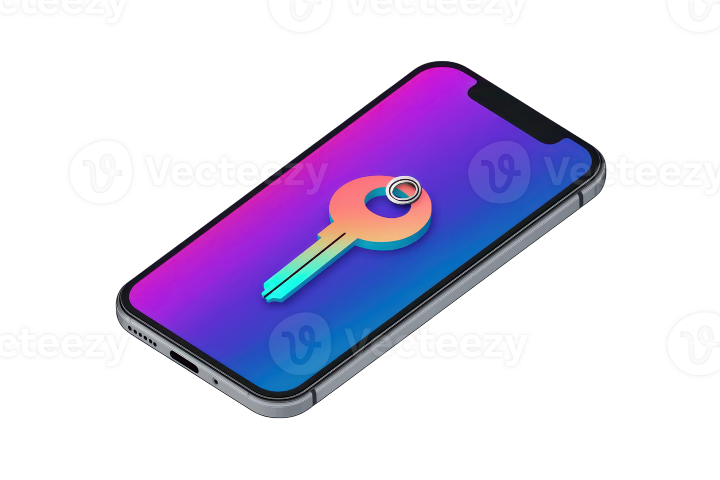 Smartphone with a secure digital key icon on the screen, symbolizing cybersecurity and data protection in modern technology. png