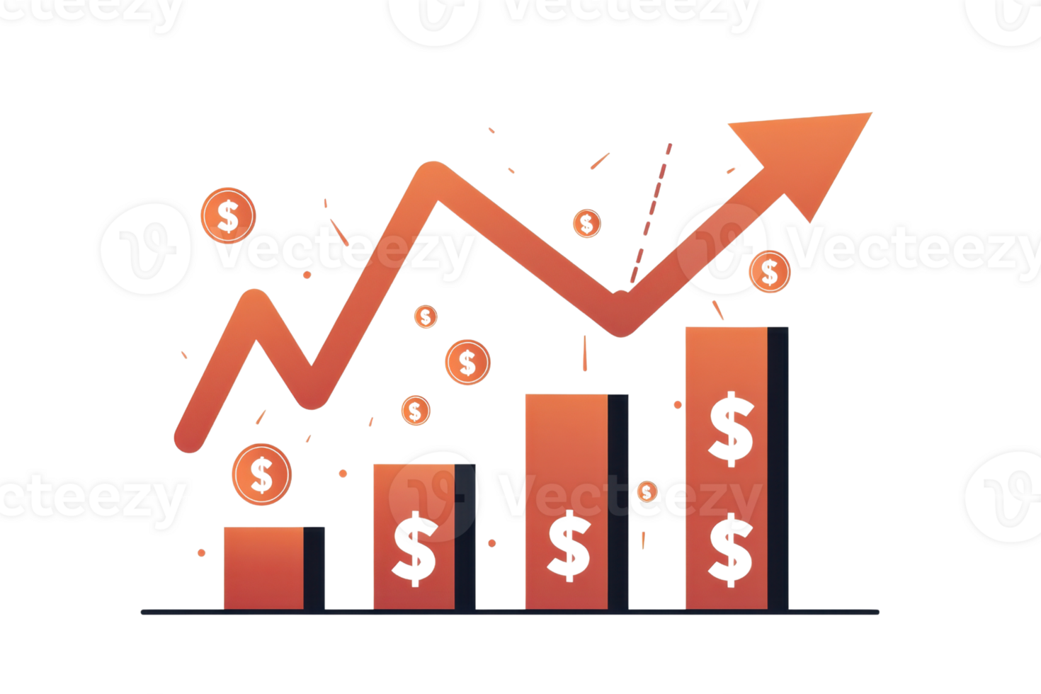 Illustration showing financial growth with upward graph, coins, and bars. Ideal for business success and investment strategy concepts. png