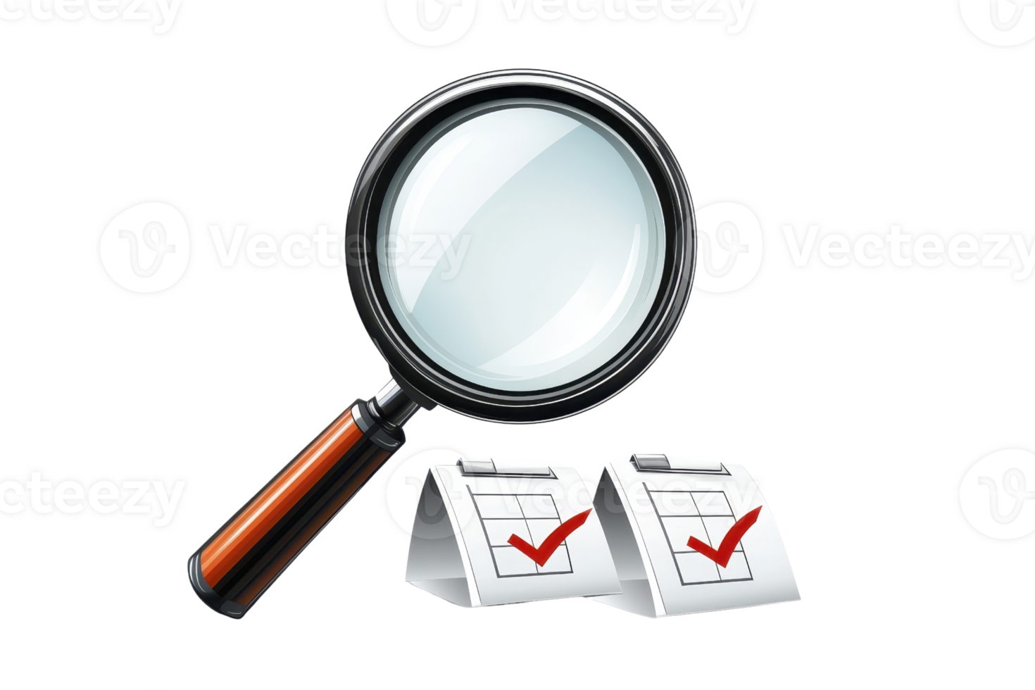 Magnifying glass examining two documents with check marks, symbolizing review, verification, and analysis in a business or academic context. png
