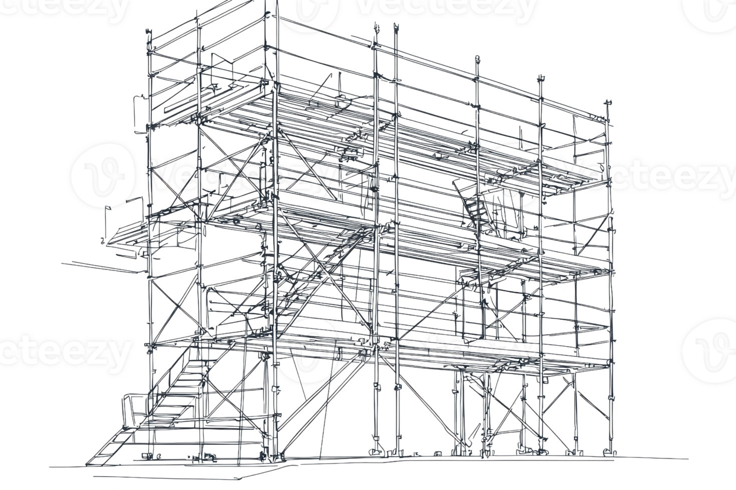 Metallic scaffolding structure in perspective view, showcasing industrial construction elements and safety features for engineering projects. png