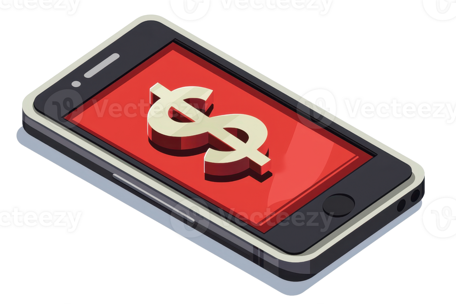 Modern smartphone illustration with red screen displaying a stylized dollar symbol, symbolizing mobile banking and financial technology. png
