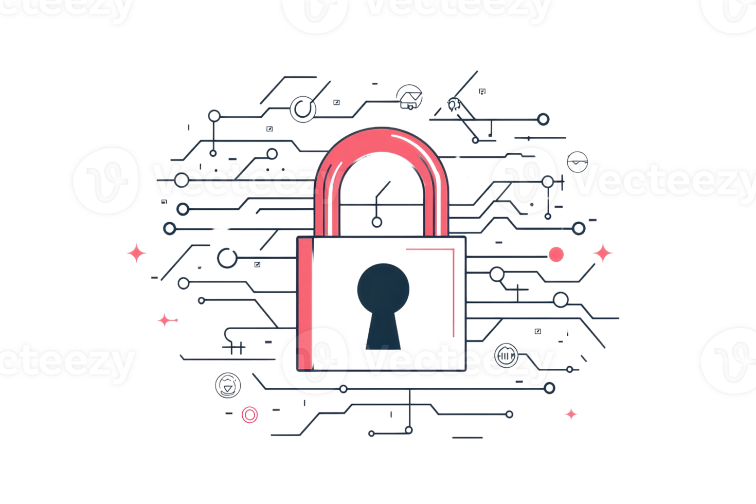 Digital security concept with red padlock and circuit lines, representing cybersecurity, protection, and technology innovation. png
