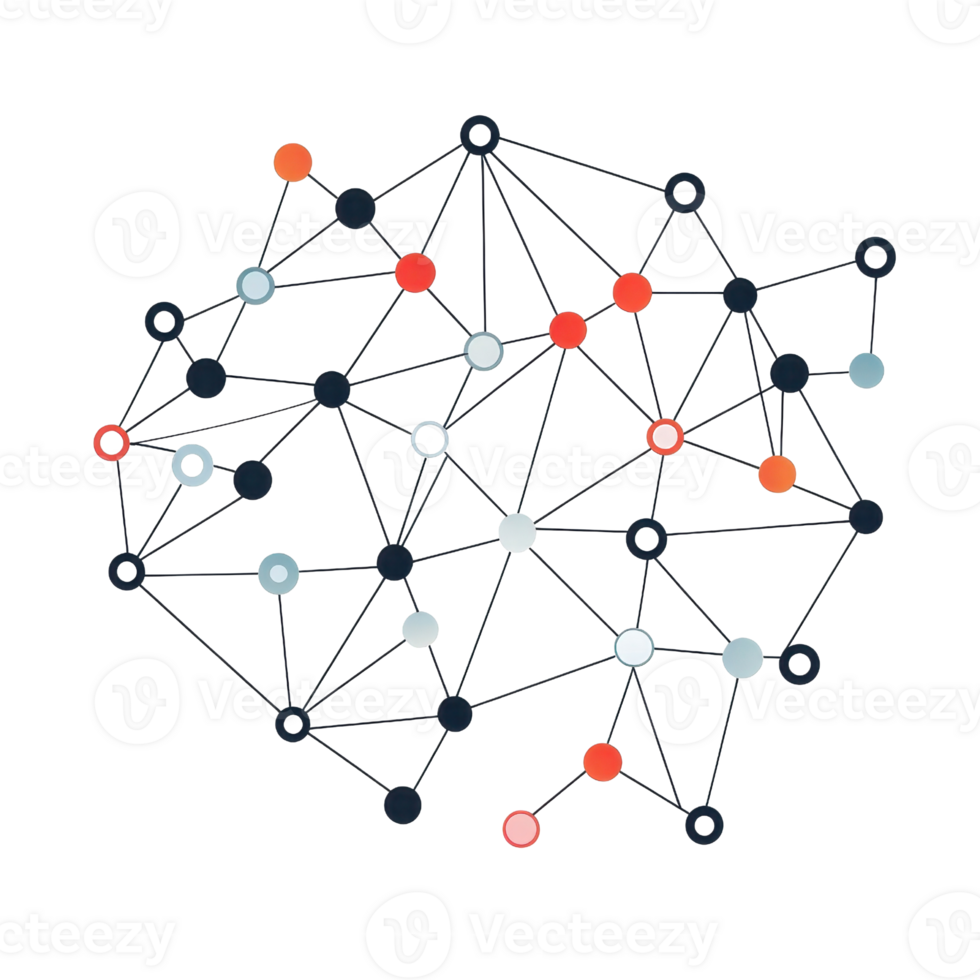 Abstract network of interconnected nodes representing communication, technology, and data connections in a digital web. png