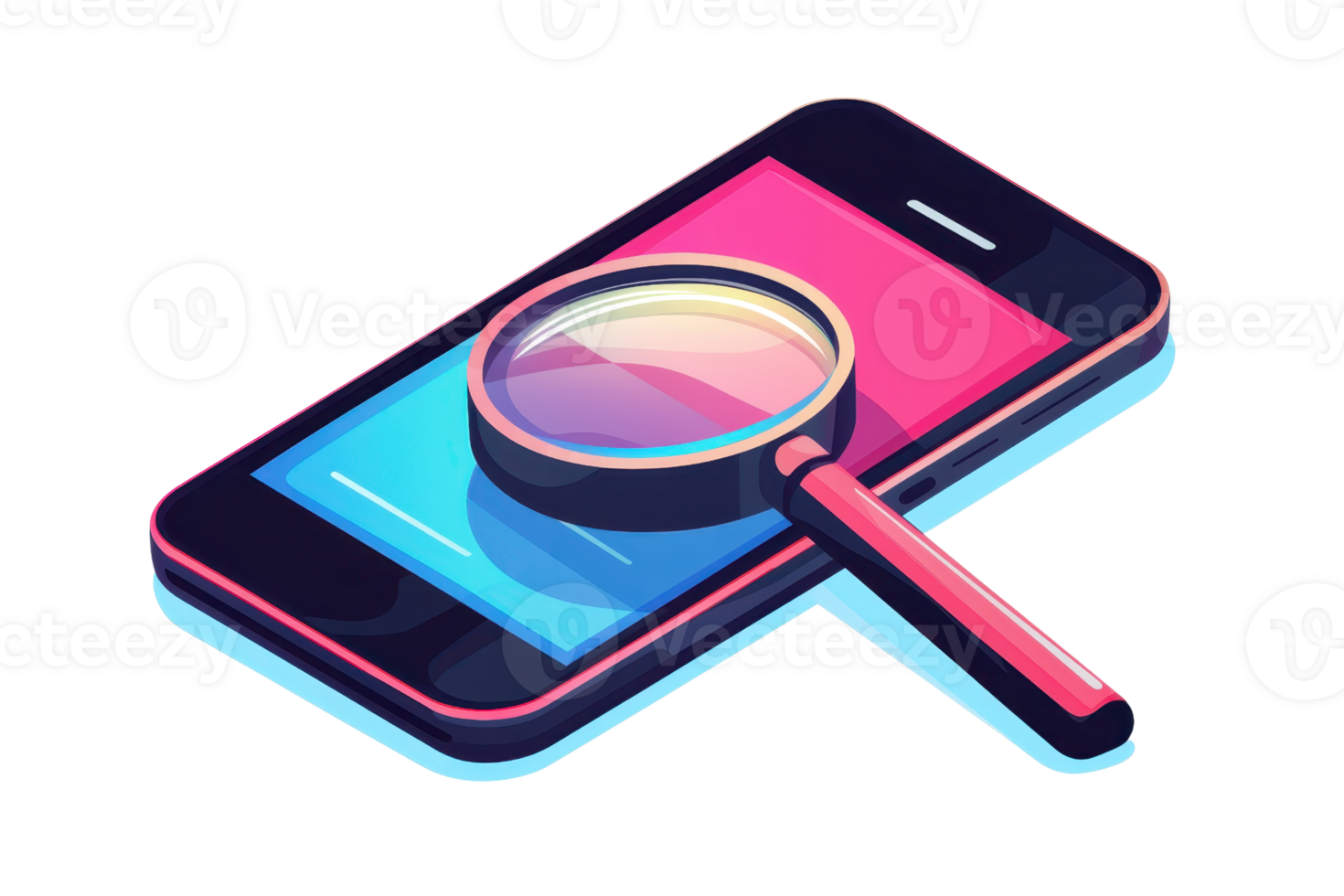 Stylized illustration of a smartphone with a magnifying glass, highlighting search and technology concepts. png
