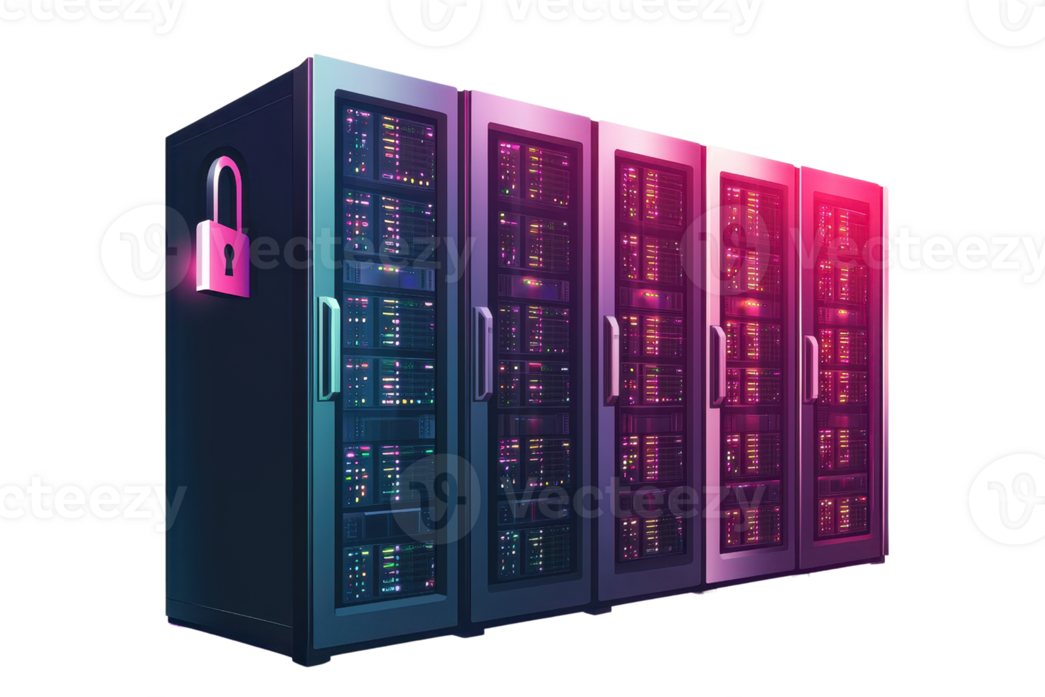 Modern server room with secure data rack, neon light, and cyber technology for data storage and protection in digital infrastructure. png