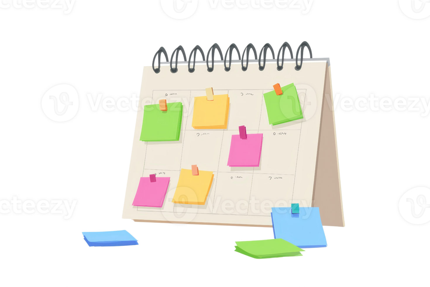 Desktop calendar with colorful sticky notes for organizing tasks. Perfect for office or study planning and scheduling. png