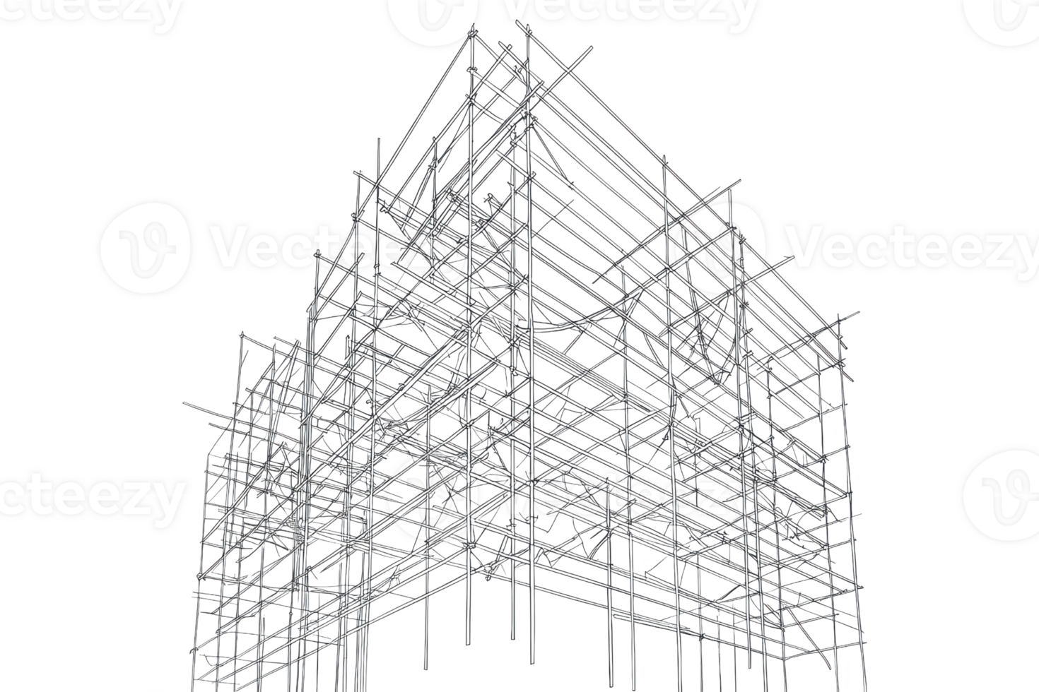 Intricate building framework of a construction site, abstract structure of metal beams against clear sky, showcasing engineering precision. png