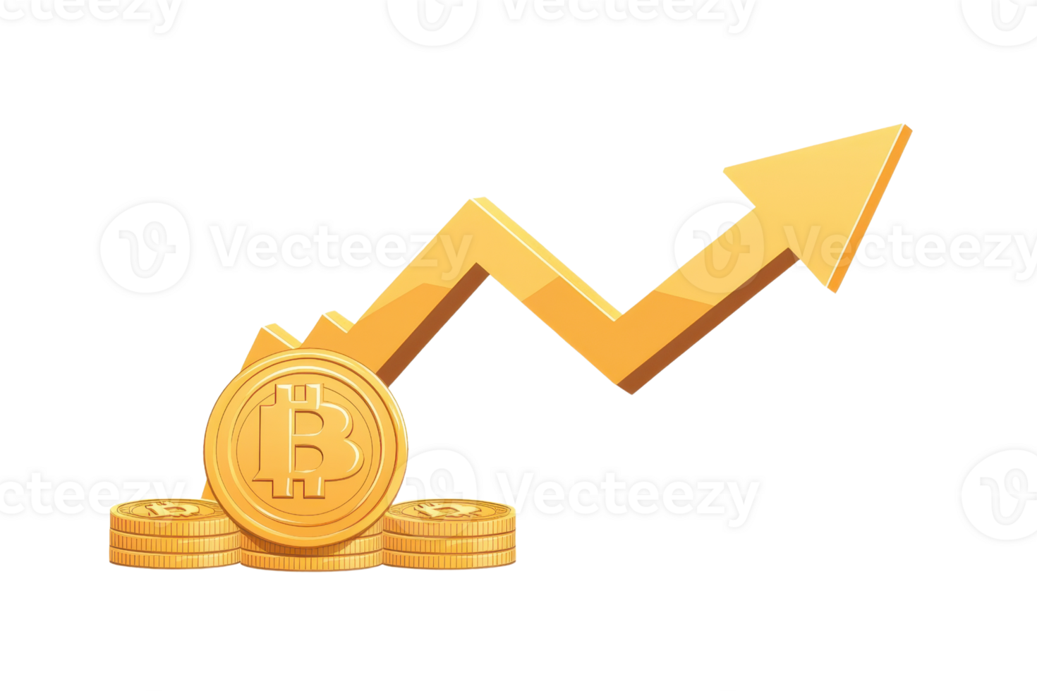 Bitcoin rising concept with a gold arrow and coin stack, symbolizing financial growth and cryptocurrency success. png