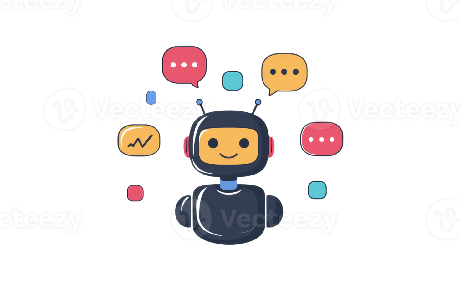 Colorful chatbot illustration with speech bubbles and icons, highlighting modern communication and digital interaction concepts. png