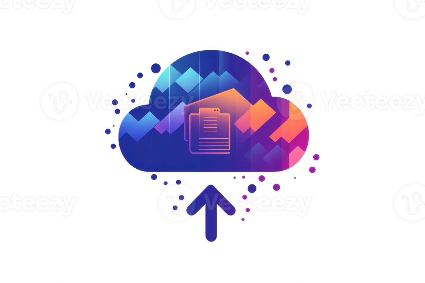 Colorful digital upload icon with cloud and arrow, representing data storage and technology solutions. Perfect for tech and cloud topics. png