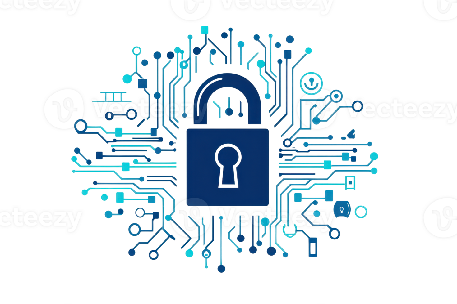 Digital padlock and circuit design symbolizing cybersecurity and data protection in a modern technological setting. png